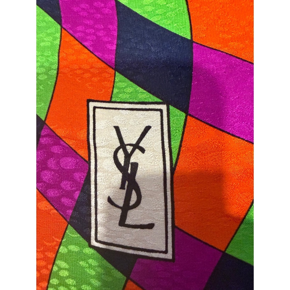 Vintage 80s Yves Saint Laurent YSL Silk Scarf Geometric Harlequin Blue Orange
